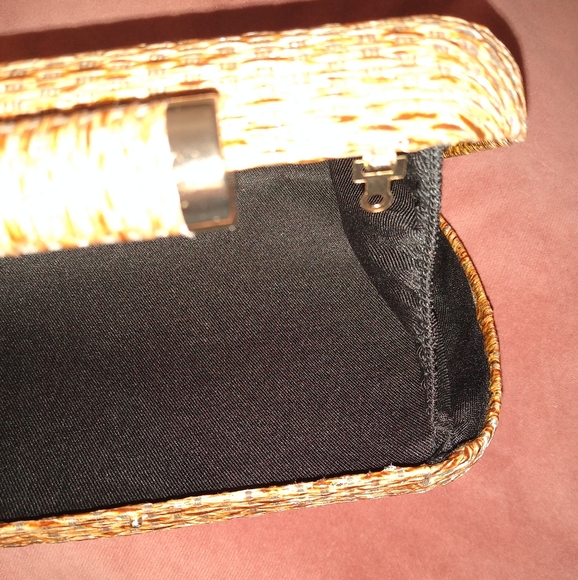 Rattan Hard Case Clutch Purse Brown Boho Woven Wicker Bag Crossbody Chain Strap - Picture 13 of 14